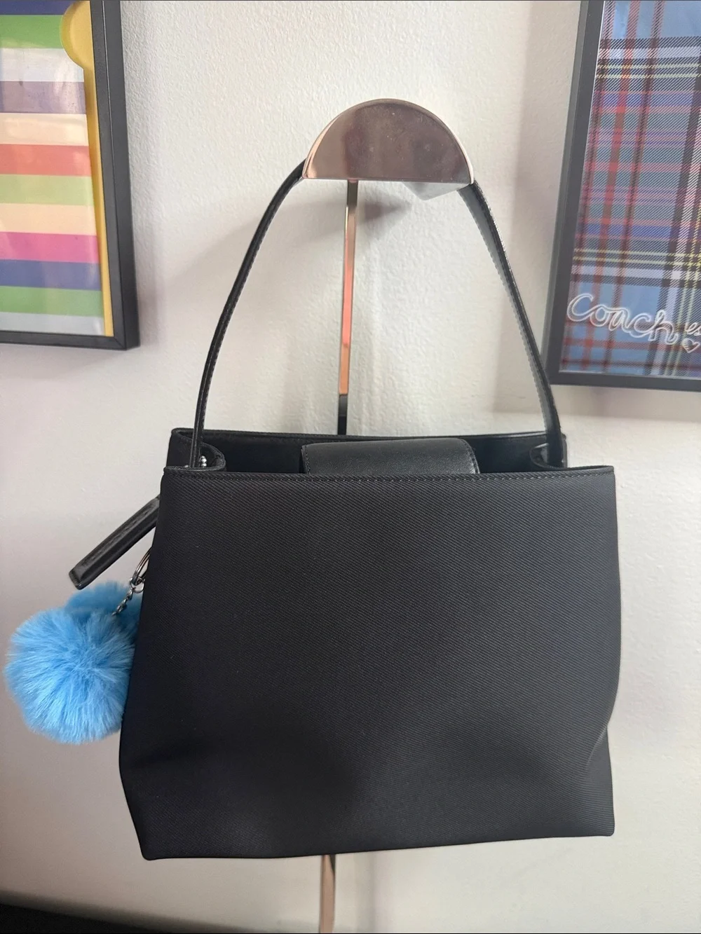 Coach Vintage small Black Mercer Bag with Blue Pom Pom Charm